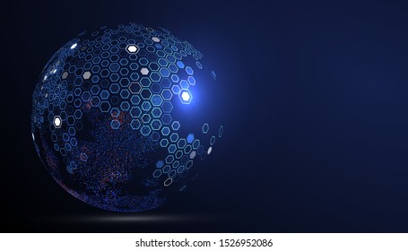 Multicolored Earth Composed Of Colorful Particles And Hexagon, Vector Illustration.