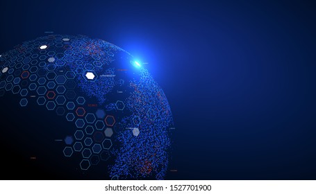 Multicolored Earth composed of colorful particles and hexagon, vector illustration.