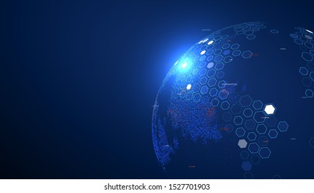Multicolored Earth composed of colorful particles and hexagon, vector illustration.