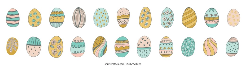 multicolored Easter eggs with botanical elements set doodle style. Happy easter hand drawn isolated on white background. Spring holiday. Happy Easter. Vector Illustration.
