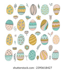 huevos multicolores de Pascua con elementos botánicos, estilo doodle. Feliz Pascua dibujada aisladamente en el fondo blanco. Vacaciones de primavera. Feliz Pascua. Ilustración vectorial.