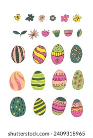 multicolored Easter eggs with botanical elements set doodle style. Happy easter hand drawn isolated on white background. Spring holiday. Happy Easter. Vector Illustration.