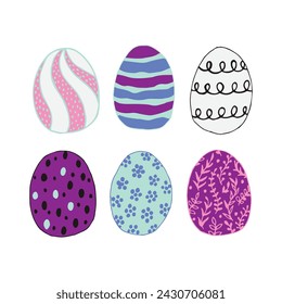 multicolored Easter eggs with botanical elements set doodle style. Happy easter hand drawn isolated on white background. Spring holiday. Happy Easter. Vector Illustration.