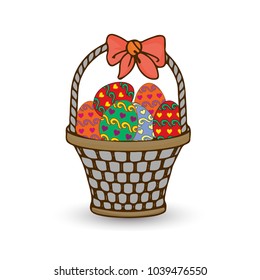 Multicolored Easter eggs decorated in a pattern hearts, in a basket with a bow, cartoon on a white background, vector