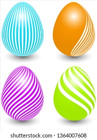 multicolored easter eggs with different patterns with a shadow under them on a white background