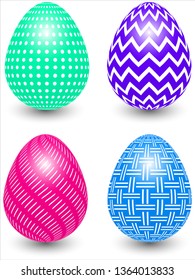 multicolored easter eggs with different patterns with a shadow under them on a white background