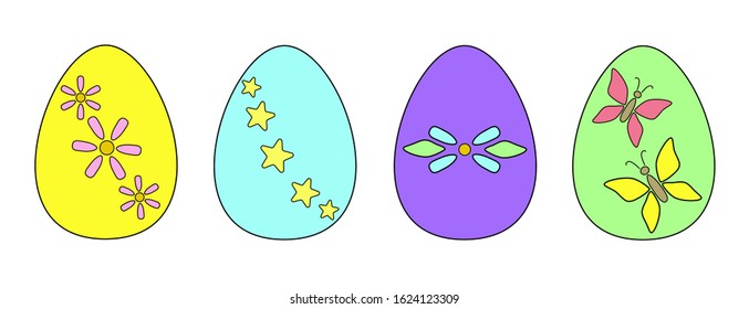 Multi-colored Easter eggs with drawings - set for Easter. Easter eggs of yellow, green, gray, blue colors with the image of butterflies, stars and spring flowers - full color vector illustration.