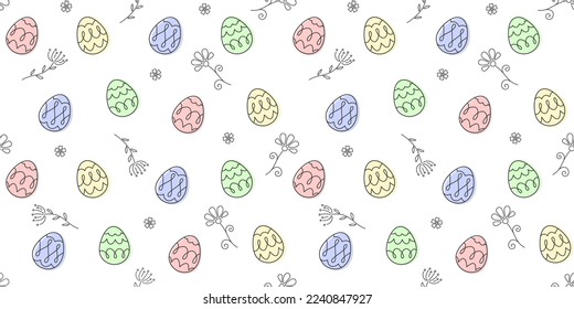 Multicolored Easter eggs, flowers and inflorescences on a white background. Festive endless texture. Vector seamless pattern for festive design, Easter wrapping paper, giftwrap, surface texture, print