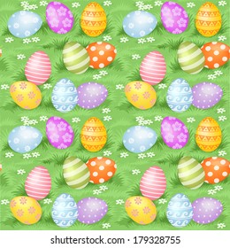 Multi-colored Easter eggs hidden in green grass  big seamless background