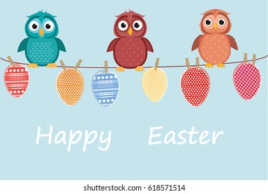 Multicolored Easter eggs made of paper hanging on a rope. Cute owls sitting. Vector. Greeting card or invitation for a holiday with a blank space for a label or advertisement.