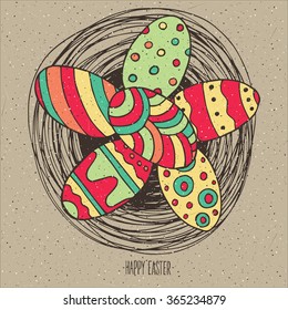 Multicolored Easter eggs in nest. Top view - Happy Easter concept. Vector illustration