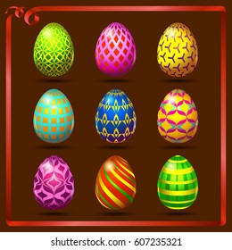 Multi-colored easter eggs on a brown background with a red ribbon