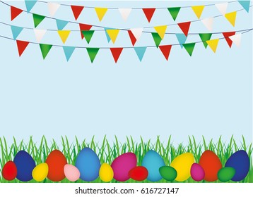 Multicolored Easter eggs on the green grass and a garland of flags. Bunting. Greeting card or invitation for a holiday. Vector. Empty space for text