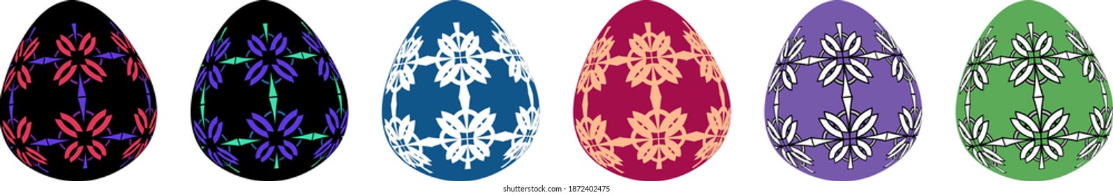 multicolored Easter eggs with openwork pattern, vector illustration isolated on a white background.
