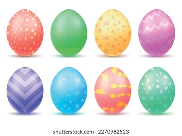 Multicolored easter eggs painted in different colors and patterns realistic set isolated vector illustration