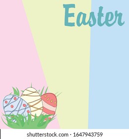 multicolored easter eggs in pastel colors background. holiday banner. happy easter. insert text and congratulations. The Resurrection of Christ. The Bright Resurrection of Christ. Christian holiday