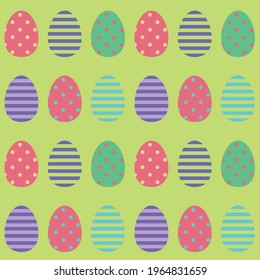 Multicolored Easter eggs with polka dots and stripes. Seamless festive funny pattern. Texture for fabric, postcards, posters or wrapping paper. Children's minimalistic multicolored print. EPS 10
