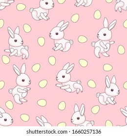 Multicolored Easter eggs and Easter rabbits.  Seamless pattern. Texture for fabric, wrapping, wallpaper. Decorative print. Vector illustration .