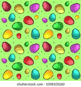multi-colored easter eggs. seamless pattern on a green background. pencil effect.
