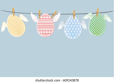 Multicolored Easter eggs with wings hang on a rope on clothespins. Celebration. Greeting card. Free space for text. Vector illustration