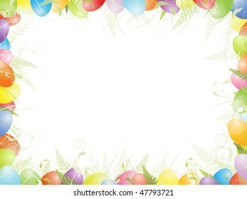 Multicolored easter frame with eggs, green foliage and copyspace for your text
