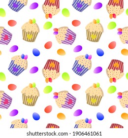 Multicolored Easter pattern with Easter cakes and eggs. Attributes for the celebration of Easter. Vector illustration isolated on white background. For decoration, wrapping paper, textiles and