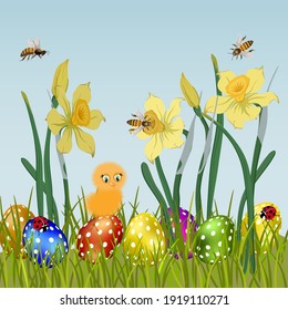 Multicolored Easter vector illustration. Flowers, insects and Easter eggs in a multicolored vector illustration.