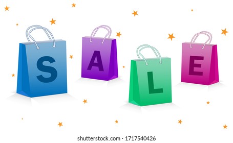 Multicolored eco bags with the inscription sale, concept of promotional discounts before the holidays. All elements are isolated.