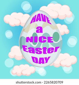 Multi-colored egg on a postcard for the celebration of Easter among the clouds