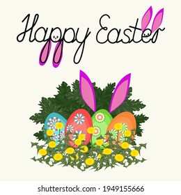 Multicolored eggs dandelions green bush bunny ears and hand lettering Happy Easter stylized bunny faces on a white background. Isolated vector illustration  for banner poster postcard sticker.