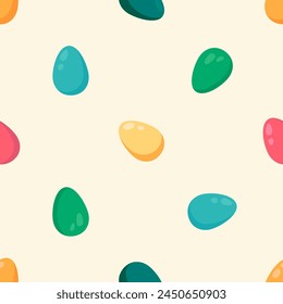 Multicolored eggs on a beige background. Seamless pattern for textile, fabric, paper print. Vector illustration in modern style.