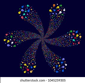 Multicolored Electric Bulb swirl abstract flower on a dark background. Suggestive cluster designed from random electric bulb objects.