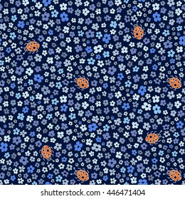 Multicolored elegant little flowers and funny bugs on a blue background, vector texture, illustration.