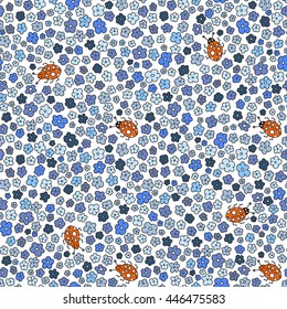 Multicolored elegant little flowers and funny bugs on a white background, vector texture, illustration.