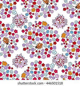 Multicolored elegant little flowers and funny bugs on a white background, vector texture, illustration. Floral seamless pattern.