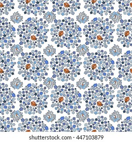 Multicolored elegant little flowers and funny bugs on a white background, vector texture, illustration. Floral seamless pattern.