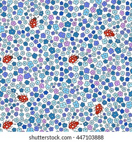 Multicolored elegant little flowers and funny bugs on a white background, vector texture, illustration. Floral seamless pattern.