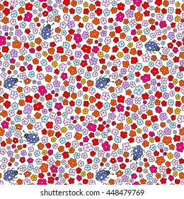 Multicolored elegant little flowers and funny bugs on a white background, vector texture, illustration.