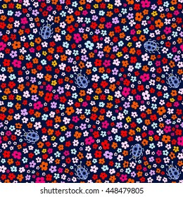 Multicolored elegant little flowers and funny bugs on a blue background, vector texture, illustration.