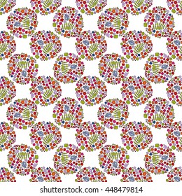 Multicolored elegant little flowers and funny bugs on a white background, vector texture, illustration.