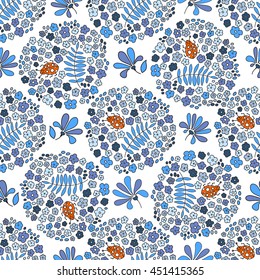 Multicolored elegant little flowers and funny bugs on a white background, vector texture, illustration. Floral seamless pattern.