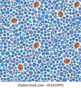 Multicolored elegant little flowers and funny bugs on a light blue background, vector texture, illustration. Floral seamless pattern.