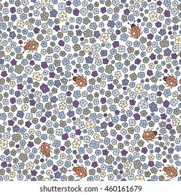 Multicolored elegant little flowers and funny bugs on a white background, vector texture, illustration.