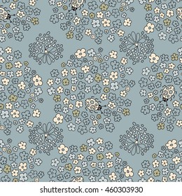 Multicolored elegant little flowers and funny bugs on a grey background, vector texture, illustration.