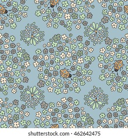 Multicolored elegant little flowers and funny bugs on a grey background, vector texture, illustration.