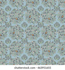 Multicolored elegant little flowers and funny bugs on a grey background, vector texture, illustration.