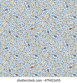 Multicolored elegant little flowers and funny bugs on a white background, vector texture, illustration.