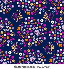 Multicolored elegant little flowers and funny bugs on a blue background, vector texture, illustration.