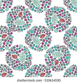 Multicolored elegant little flowers and funny bugs on a white background, vector texture, illustration. Floral seamless pattern.