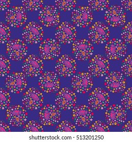 Multicolored elegant little flowers and funny bugs on a lilac background, vector texture, illustration.